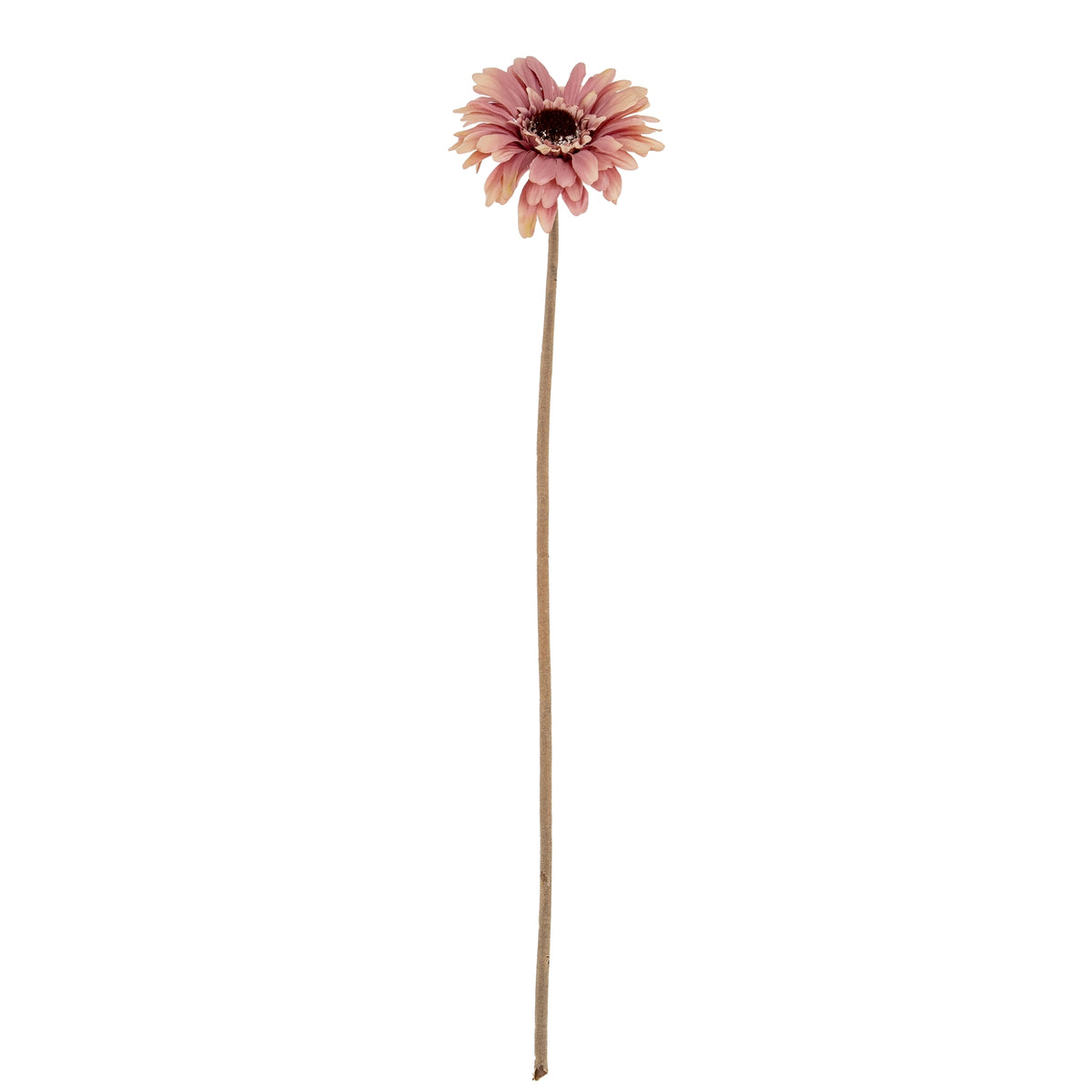 Full view of a pink artificial flower with layered petals and a dark centre on a long slender green-brown stem against white.