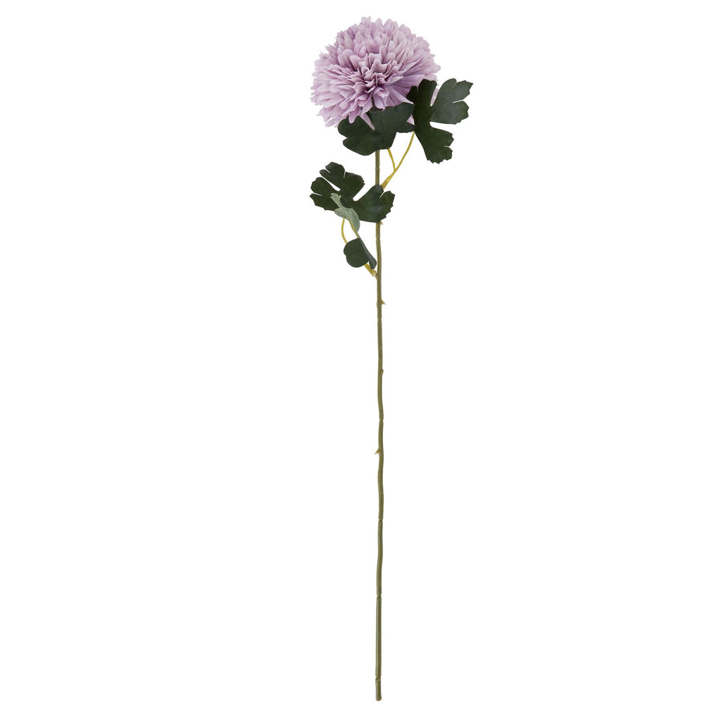 Full view of a light-purple artificial flower with a rounded layered bloom, lobed green leaves and a long slender stem against white.
