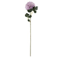 Full view of a light-purple artificial flower with a rounded layered bloom, lobed green leaves and a long slender stem against white.