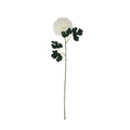 White artificial flower stem shown against a white background, with a rounded layered bloom, lobed dark-green leaves and a long green stem.