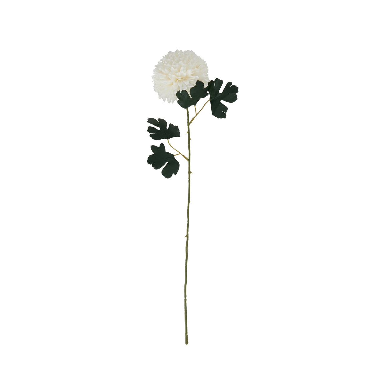 White artificial flower stem shown against a white background, with a rounded layered bloom, lobed dark-green leaves and a long green stem.