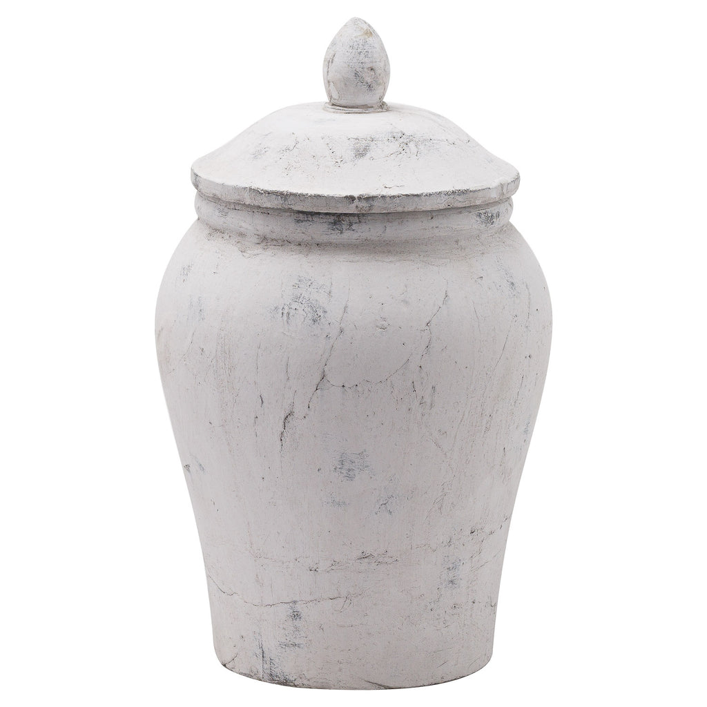 Pale grey-white ginger jar with rounded shoulders, a tapered body and a domed lid topped by a pointed leaf-like finial.