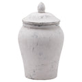 Pale grey-white ginger jar with rounded shoulders, a tapered body and a domed lid topped by a pointed leaf-like finial.