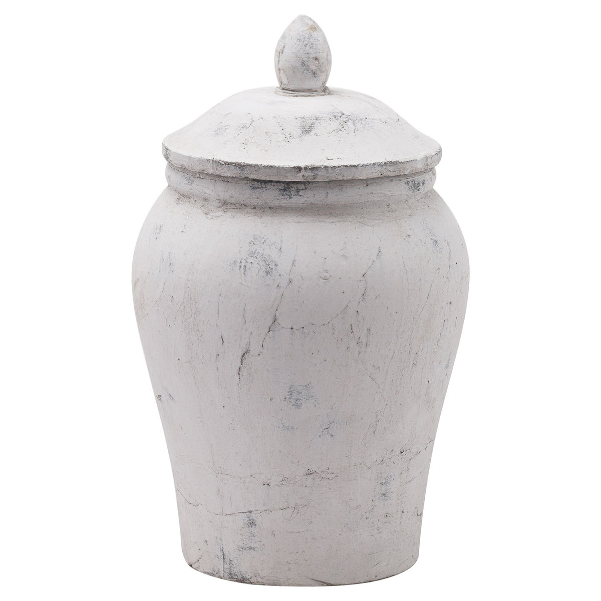 Pale grey-white ginger jar with rounded shoulders, a tapered body and a domed lid topped by a pointed leaf-like finial.