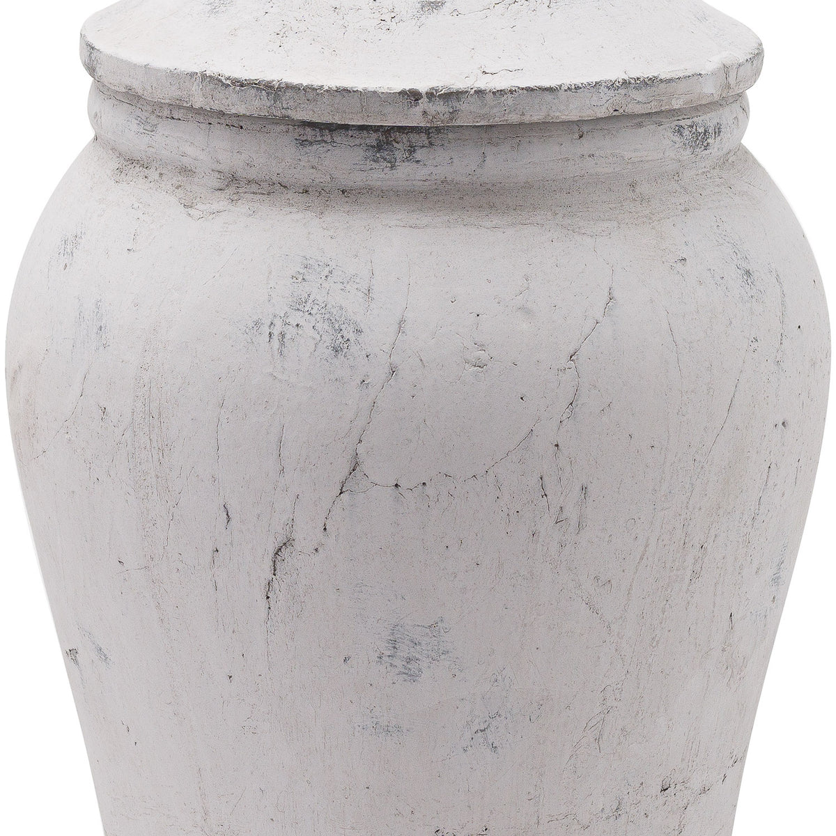 Close-up of the ginger jar's lid edge and rounded shoulder, showing crackled lines and darker scuffed patches across the pale finish.