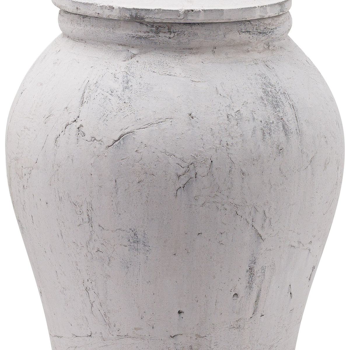 Close-up of the ginger jar's curved body and lid edge, showing irregular crackled markings and darker grey scuffs in the pale finish.