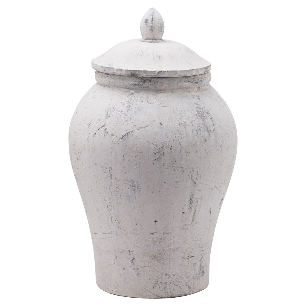 Tall pale grey-white ginger jar with rounded shoulders, a tapered body and a domed lid topped by a leaf-like finial.