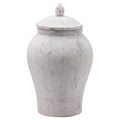 Tall pale grey-white ginger jar with rounded shoulders, a tapered body and a domed lid topped by a leaf-like finial.