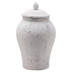 Tall pale grey-white ginger jar with rounded shoulders, a tapered body and a domed lid topped by a leaf-like finial.
