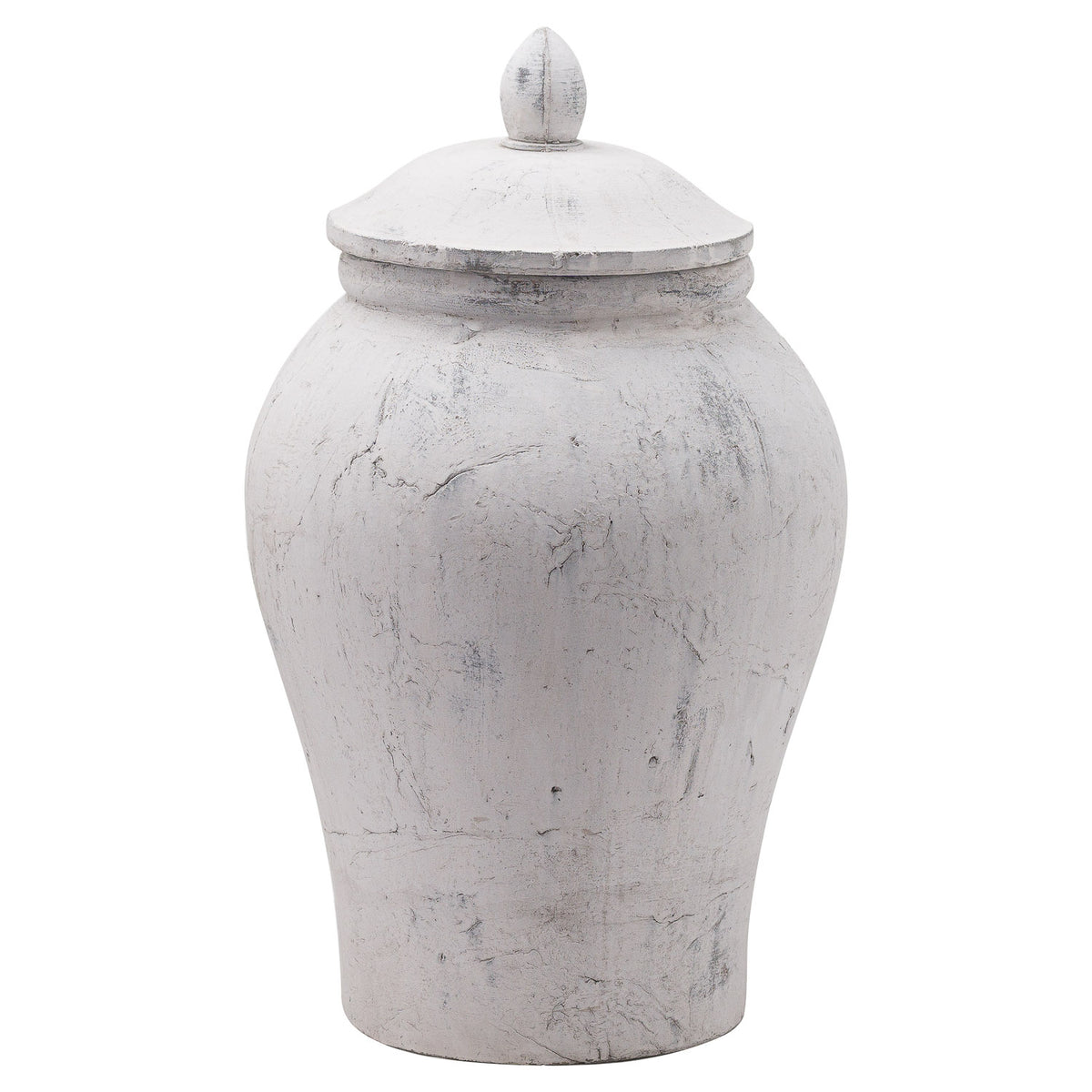 Tall pale grey-white ginger jar with rounded shoulders, a tapered body and a domed lid topped by a leaf-like finial.