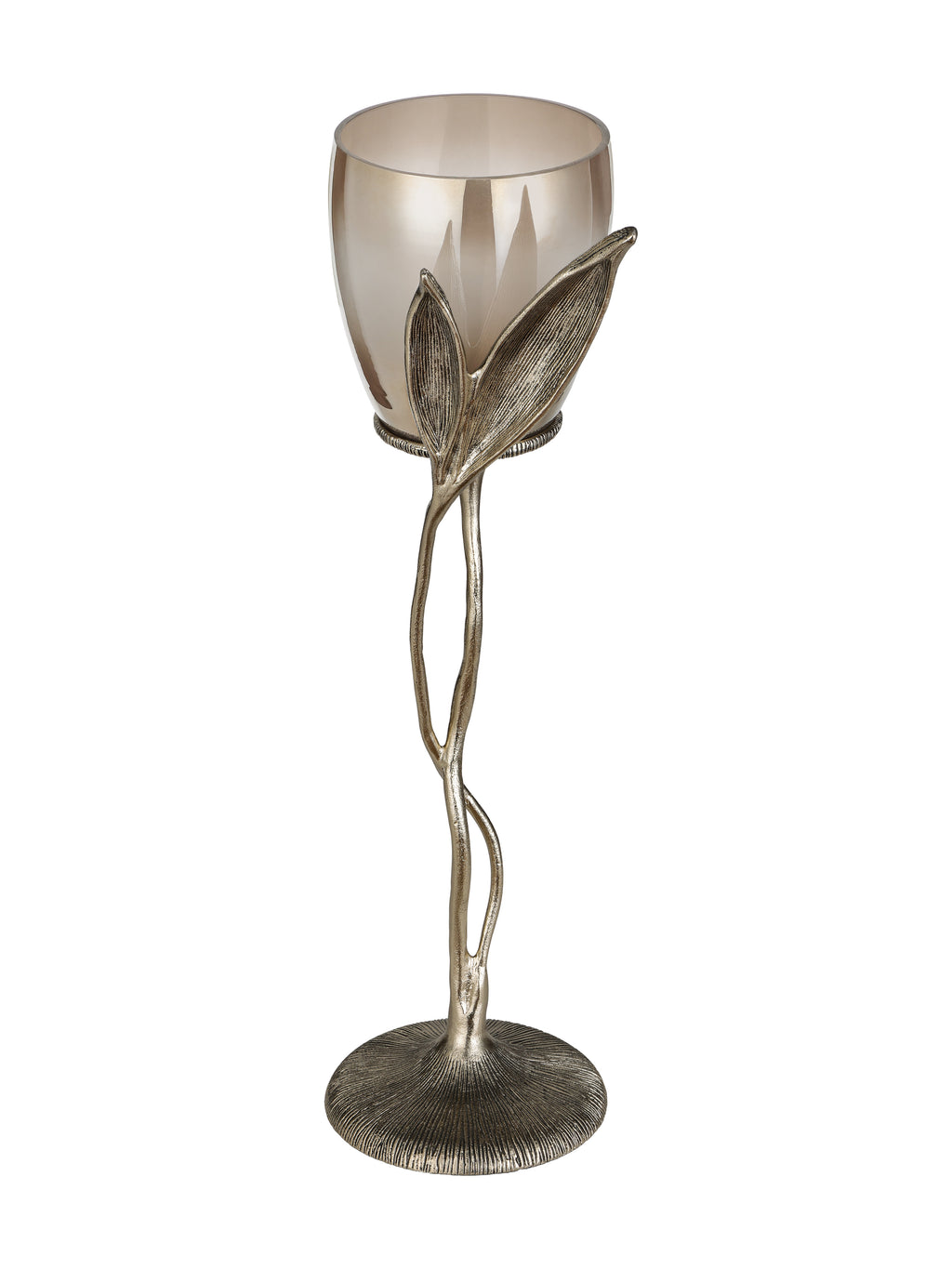 Angled view of the Leaf Stem Hurricane showing the open glass vessel, ridged leaves and curved openings in the stem.