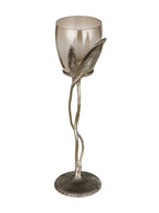 Angled view of the Leaf Stem Hurricane showing the open glass vessel, ridged leaves and curved openings in the stem.
