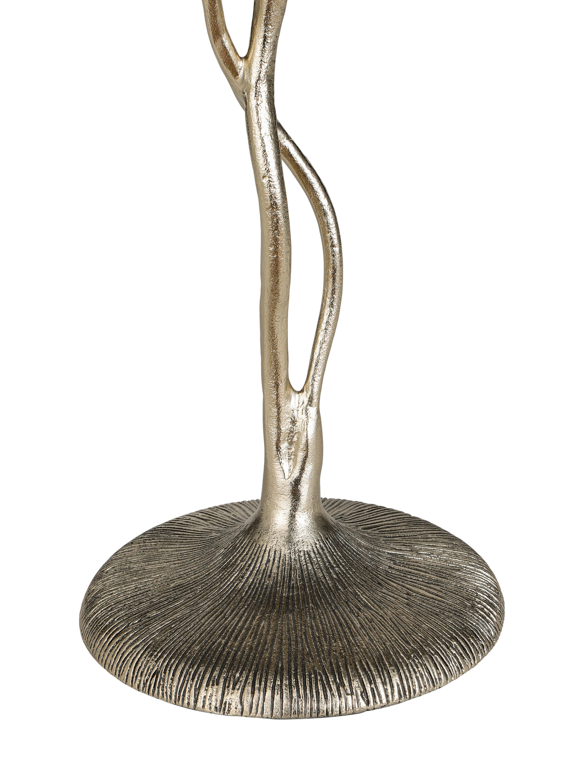 Detail of the twisting gold-coloured stem meeting a circular base with radiating ridges.