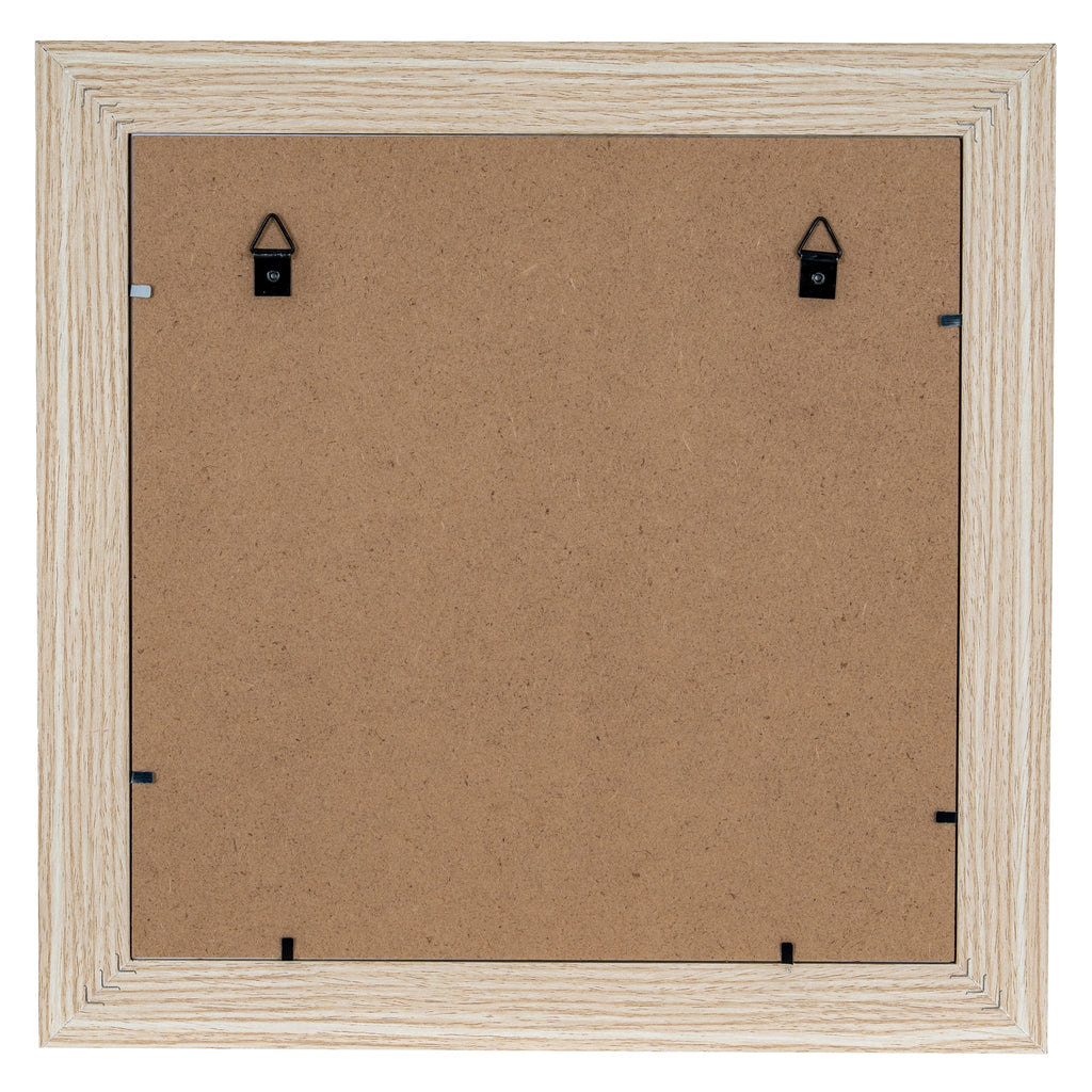 Rear view of the square photo frame, showing a brown back panel, small retaining tabs and two black triangular loops within a pale wood-tone surround.