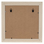 Rear view of the square photo frame, showing a brown back panel, small retaining tabs and two black triangular loops within a pale wood-tone surround.
