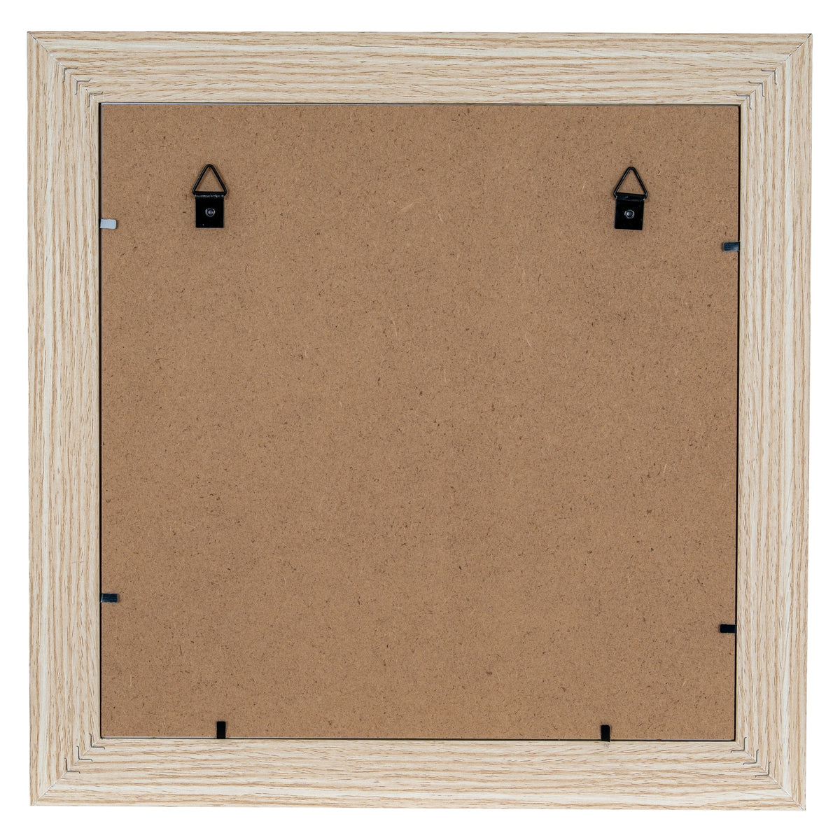 Rear view of the square photo frame, showing a brown back panel, small retaining tabs and two black triangular loops within a pale wood-tone surround.