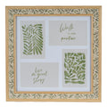 Front view of a square photo frame with warm wood-tone double trim, a leafy pale border and four white-mounted openings showing green botanical and text inserts.