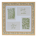 Front view of a square photo frame with warm wood-tone double trim, a leafy pale border and four white-mounted openings showing green botanical and text inserts.