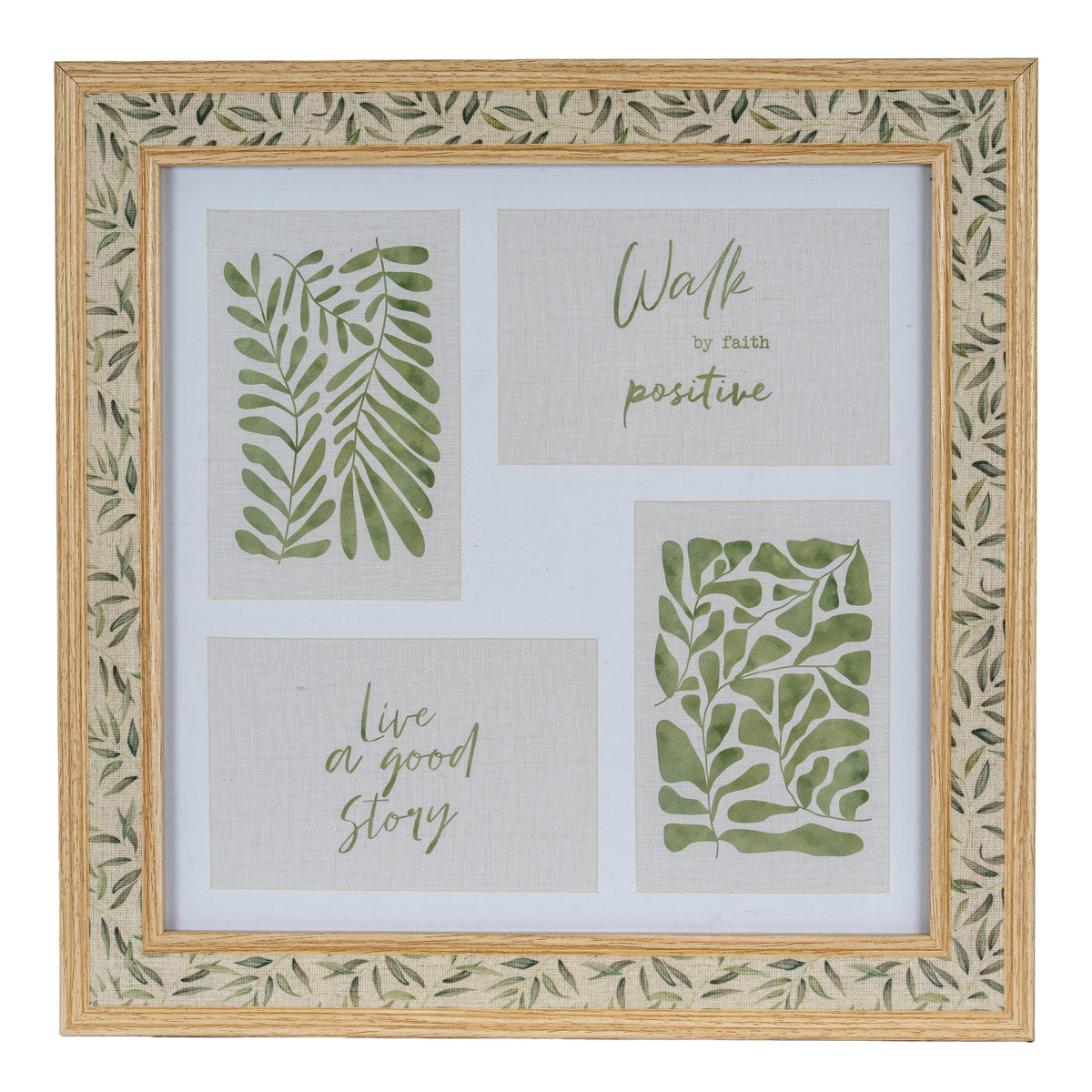 Front view of a square photo frame with warm wood-tone double trim, a leafy pale border and four white-mounted openings showing green botanical and text inserts.