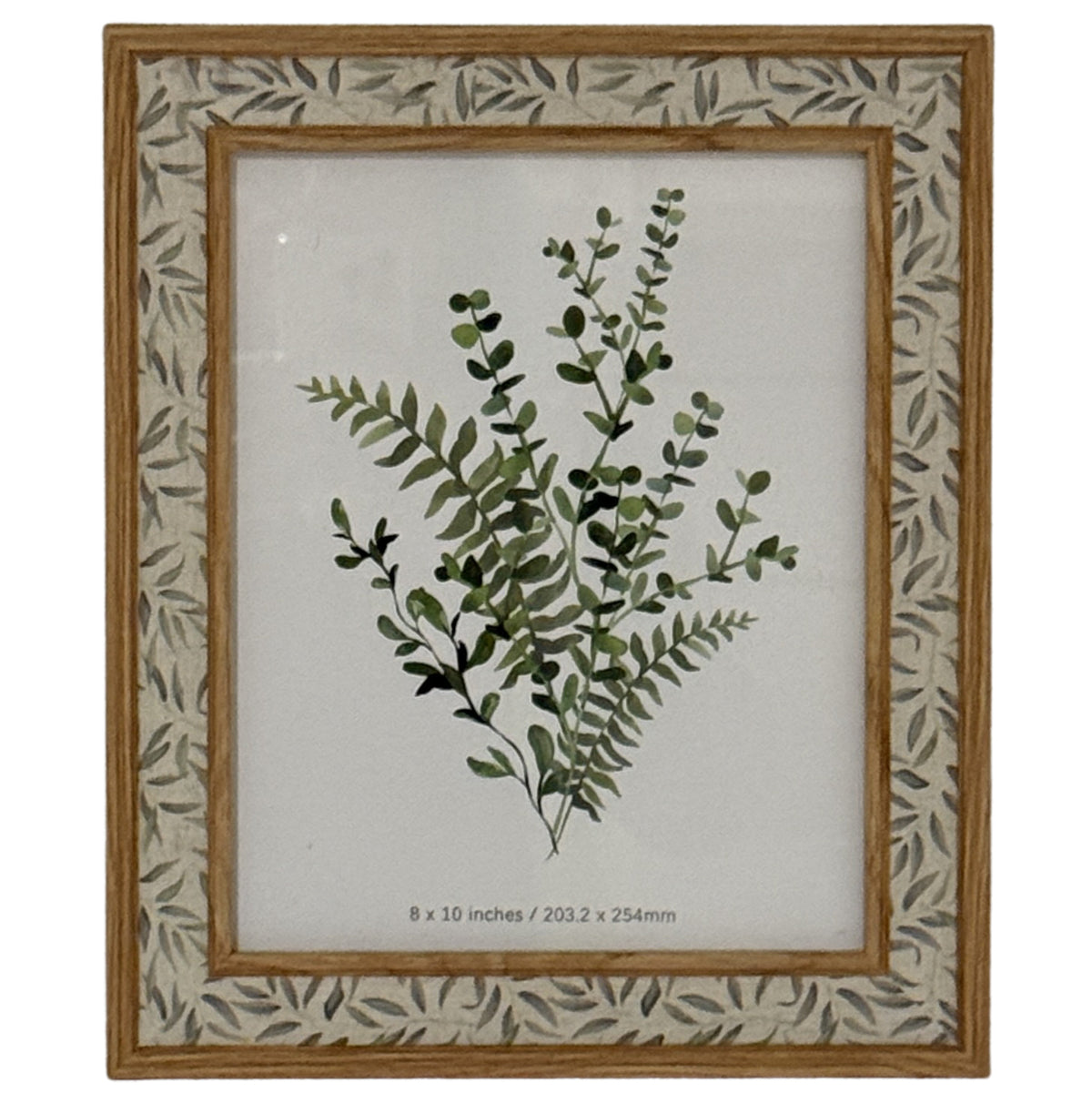 Front view of the photo frame with warm wood-tone double trim, a pale leaf-patterned border and a botanical placeholder marked 8 × 10 inches.