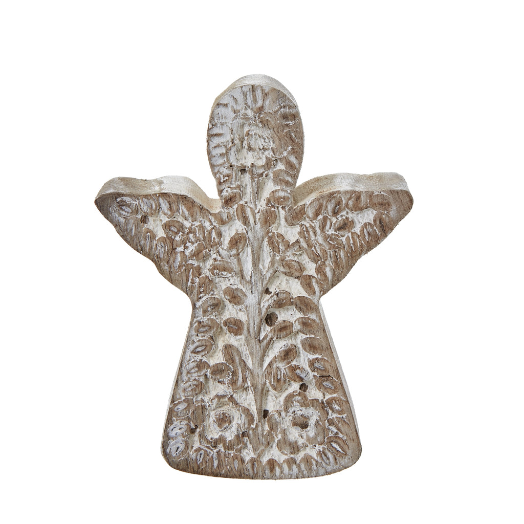 Front view of the standing angel decoration, with leafy stems and flowers across its wings and flared body.
