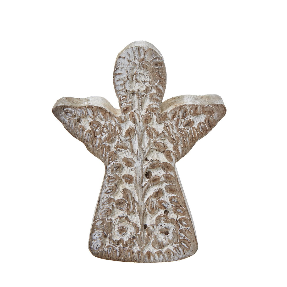 Front view of the standing angel decoration, with leafy stems and flowers across its wings and flared body.