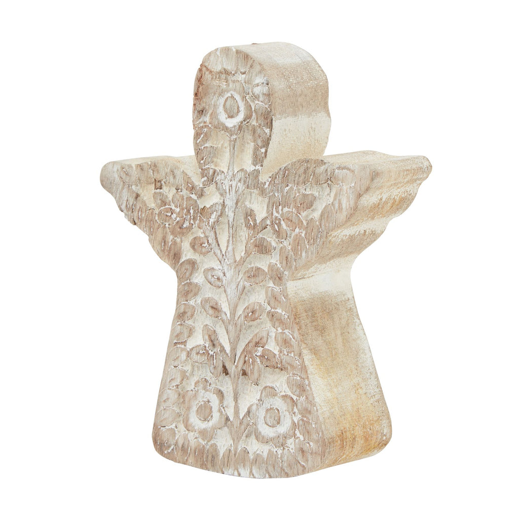 Pale tan and whitewashed angel decoration shown at an angle, with extended wings, a flared body and a leaf and flower pattern across the front.