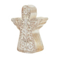 Pale tan and whitewashed angel decoration shown at an angle, with extended wings, a flared body and a leaf and flower pattern across the front.