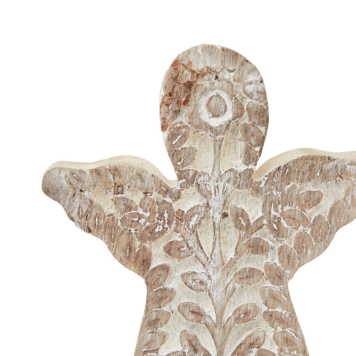Close-up of the angel's rounded head and wings, showing a flower motif and branching leaves picked out by white accents.