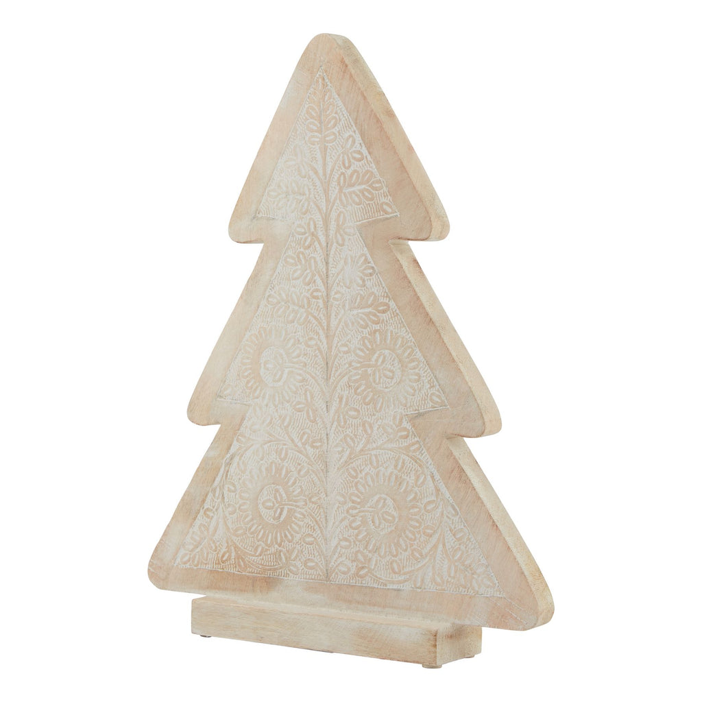 Leafscroll Tree decoration shown at a slight angle, with a cream and tan leaf pattern inside a tiered tree outline on a rectangular foot.