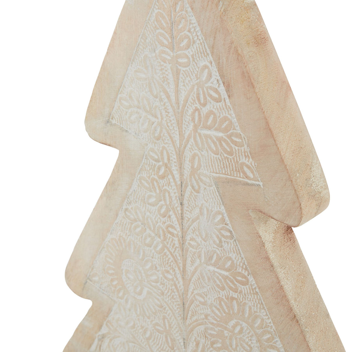 Angled close-up of the tree decoration's upper leaf pattern and broad tan border, showing the thickness of the stepped outline.