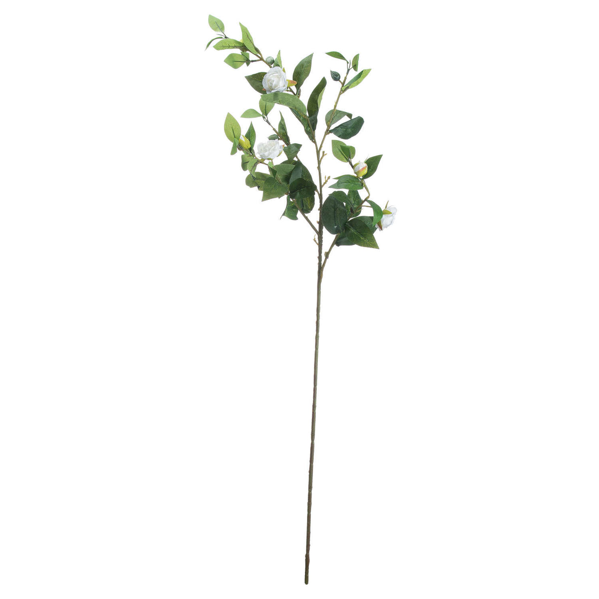 Full view of an artificial flower stem with a long brown-green stalk, leafy branches and small white-cream blossoms against a white background.