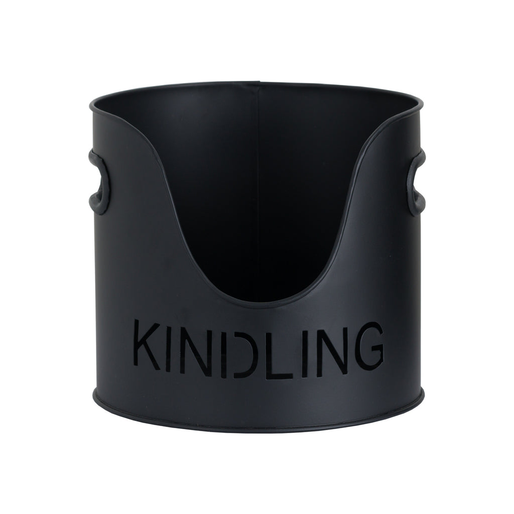 Black KINDLING bucket viewed from the front, with side handles and bold cut-out lettering beneath the curved opening.
