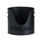 Black KINDLING bucket viewed from the front, with side handles and bold cut-out lettering beneath the curved opening.