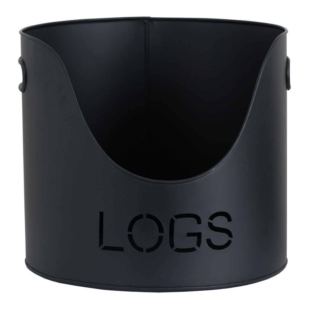 Close-up of the black LOGS bucket showing its deep curved front opening, side handles and cut-out lettering.