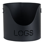 Close-up of the black LOGS bucket showing its deep curved front opening, side handles and cut-out lettering.