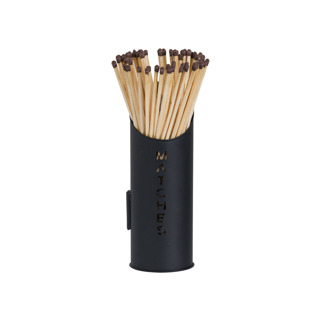 Black cylindrical matchstick holder shown with matches, with MATCHES spelled vertically down the front.