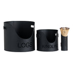 Black LOGS and KINDLING buckets with curved front openings, shown beside a MATCHES holder containing matches on a white background.