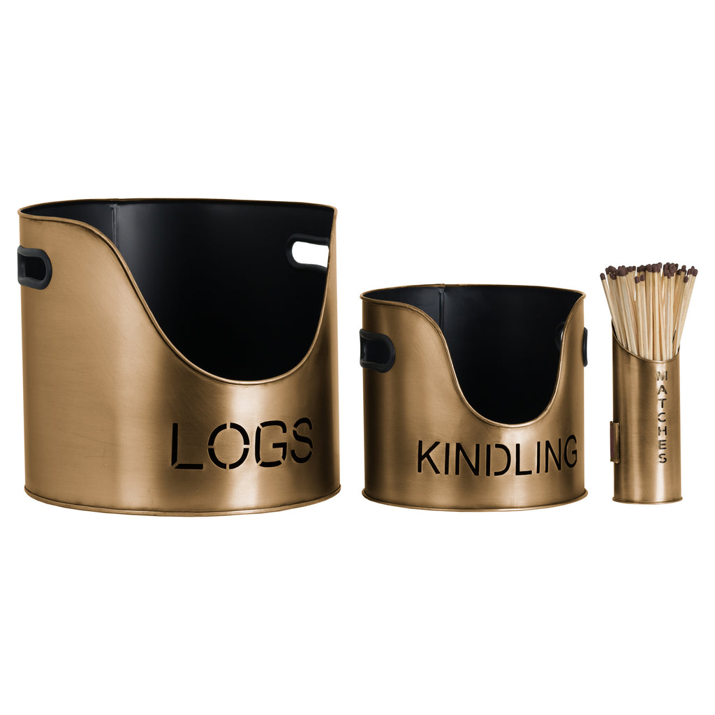 Bronze-toned LOGS and KINDLING buckets with black interiors beside a cylindrical MATCHES holder shown filled with long matches.