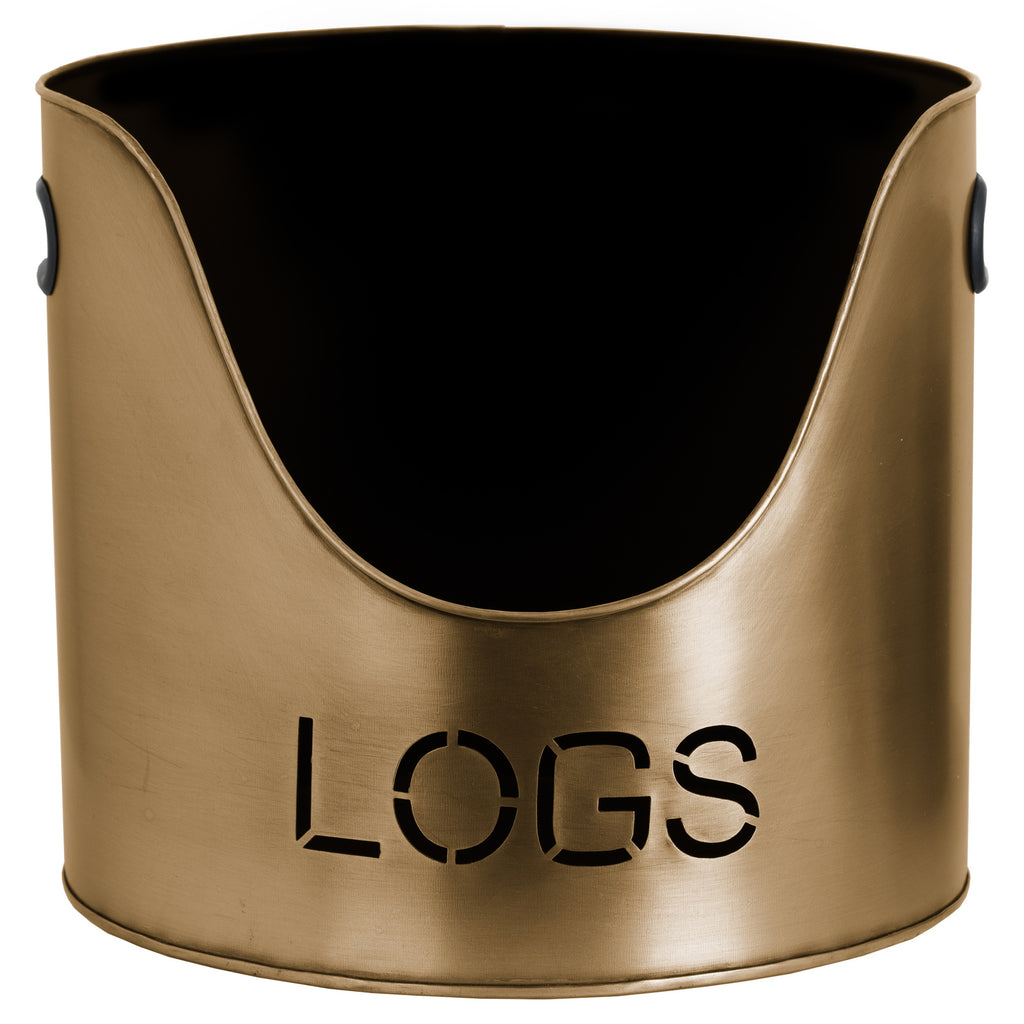 Close view of the log bucket showing its deep curved scoop front, black interior and cut-out LOGS lettering.
