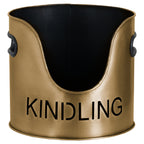 Front detail of the bronze-toned kindling bucket with dark side handles, a scooped opening and KINDLING lettering.