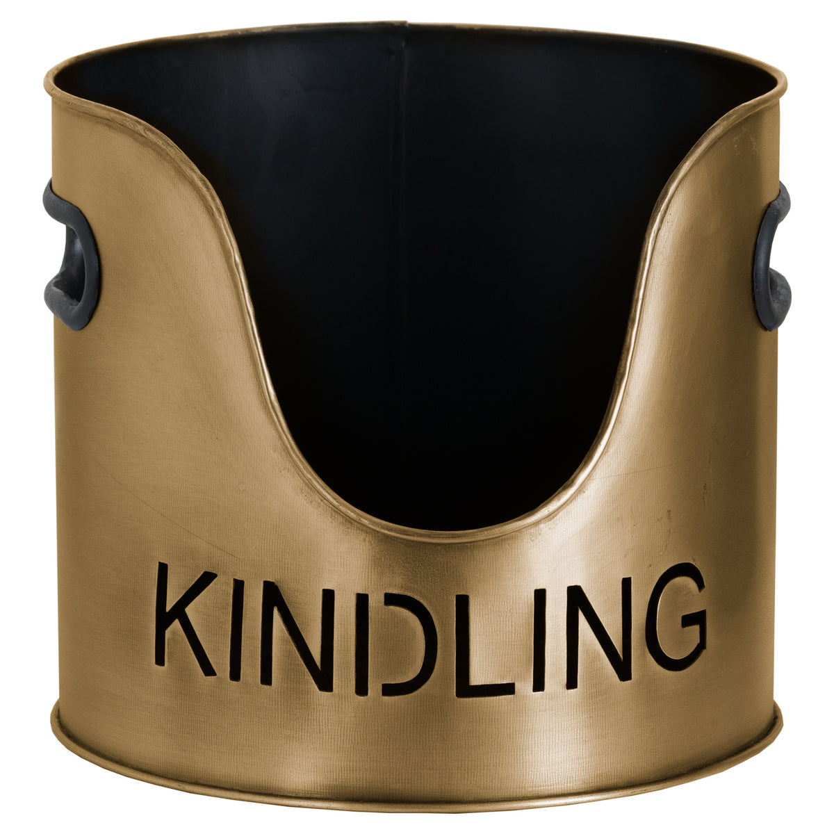 Front detail of the bronze-toned kindling bucket with dark side handles, a scooped opening and KINDLING lettering.