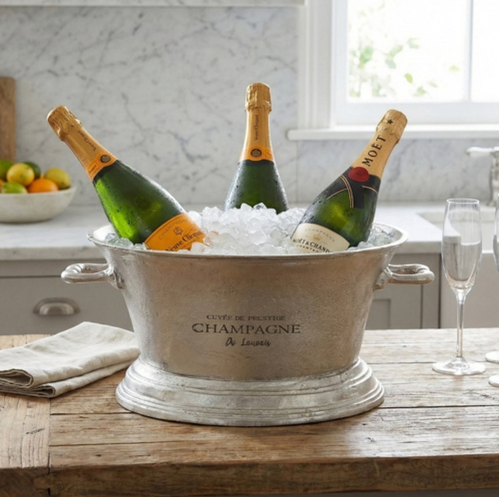 Lettered oval champagne cooler styled with ice and three bottles on a wooden table beside folded linen and a champagne flute.
