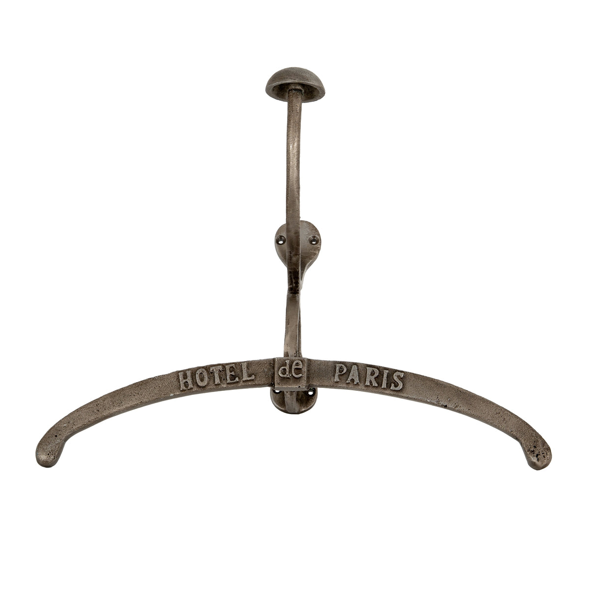 Front view of an antiqued-silver-tone garment hanger with a broad curved rail, raised HOTEL de PARIS lettering and a tall dome-capped hook.