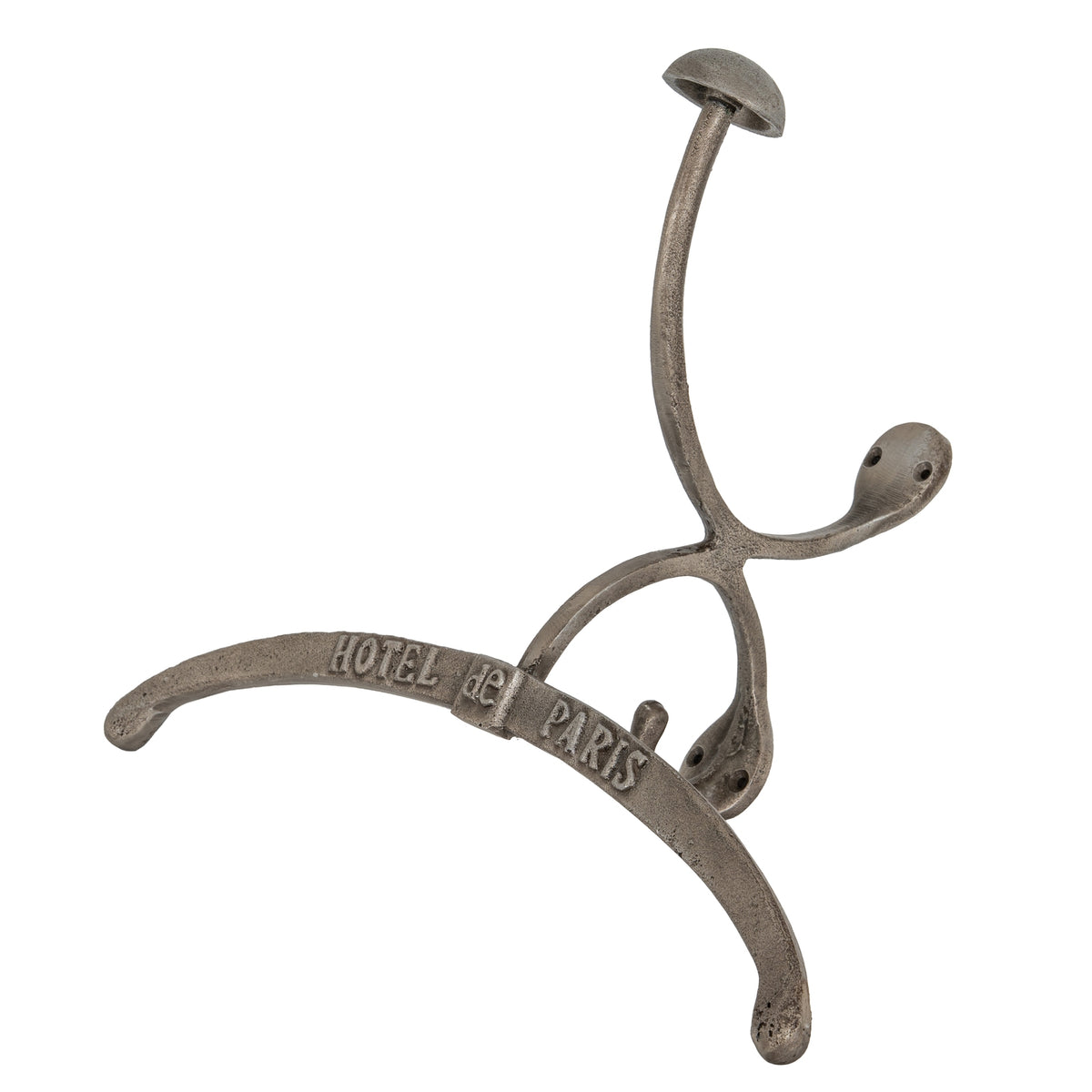 Angled view of the lettered garment hanger showing the curved shoulder rail, textured surface and two mounting plates with round holes.