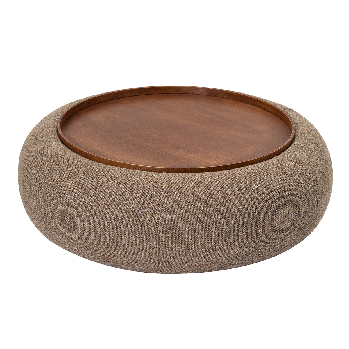 Elevated view showing the circular tray and its raised rim within the curved upholstered ottoman.