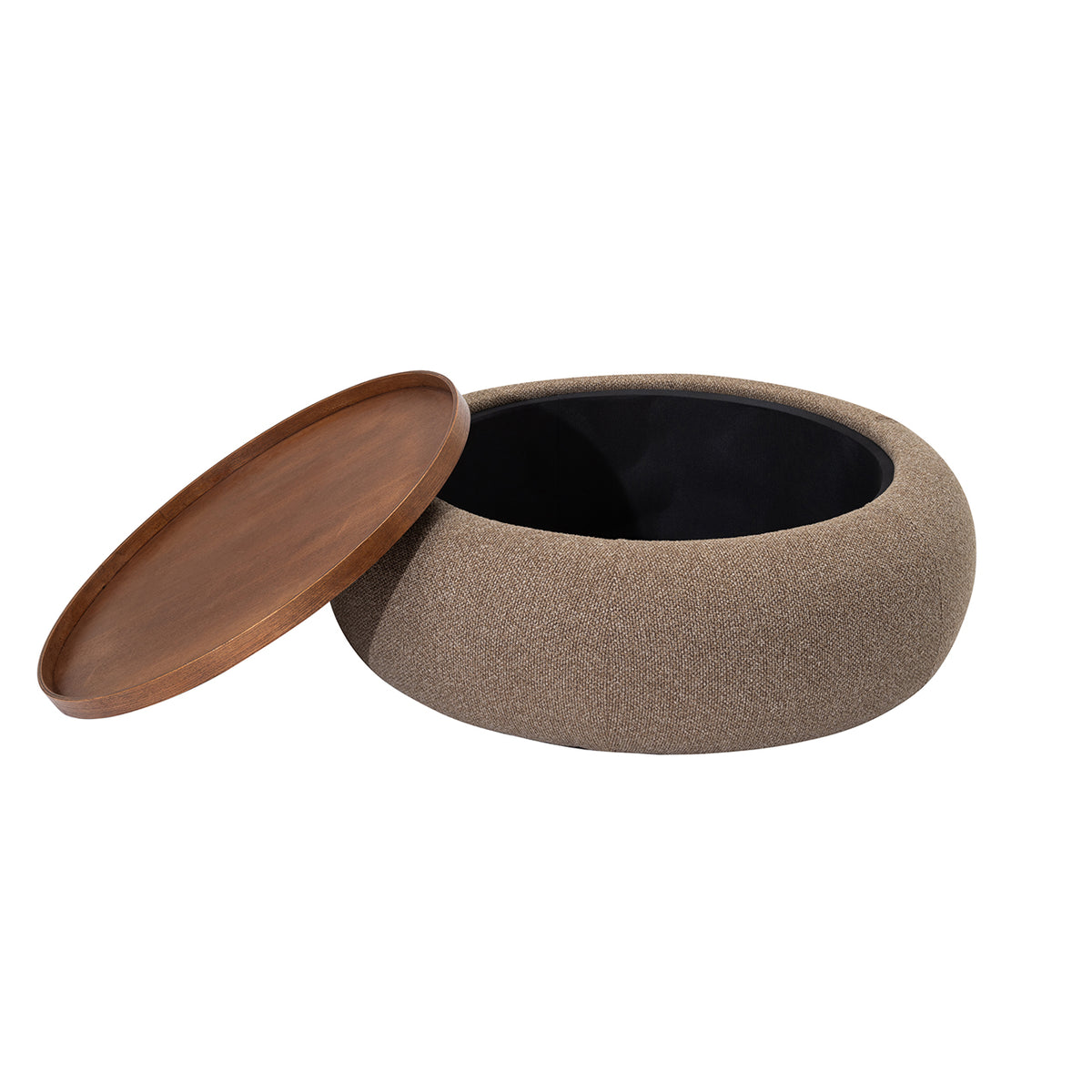 Coffee-coloured ottoman with its tray leaning against the left side and the circular storage opening fully exposed.