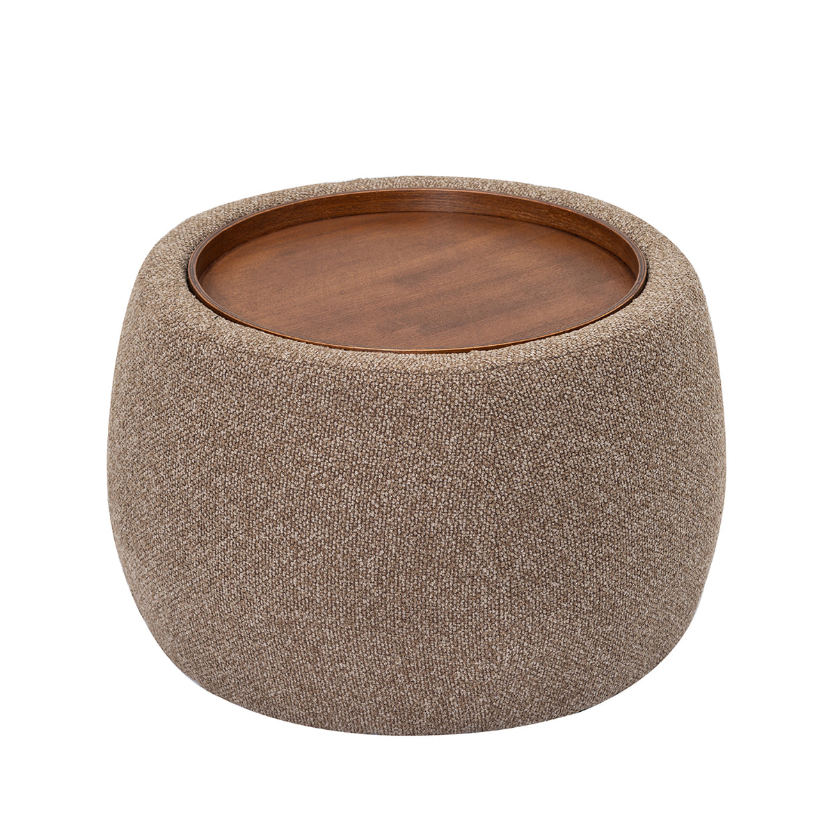 Elevated view of the ottoman showing the circular walnut-veneered tray and curved upholstered sides.