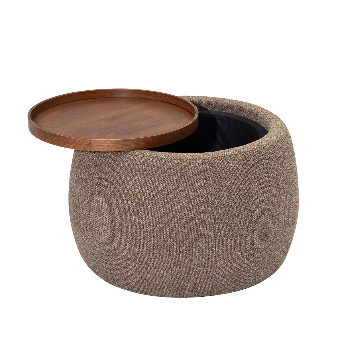 Circular wooden tray lifted and resting across the ottoman's rim, revealing the dark storage interior.