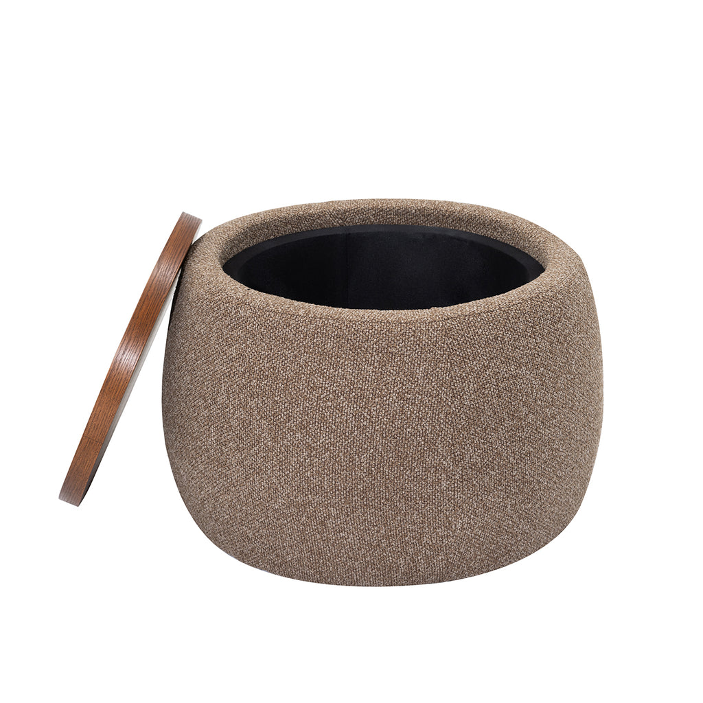 Open coffee-coloured storage ottoman with its wooden tray leaning against the side and the dark interior visible.
